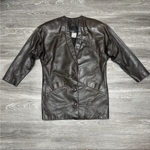 Michael Hoban NB Dark Brown Leather Button-Front Coat Shawl Lapel VTG Padded